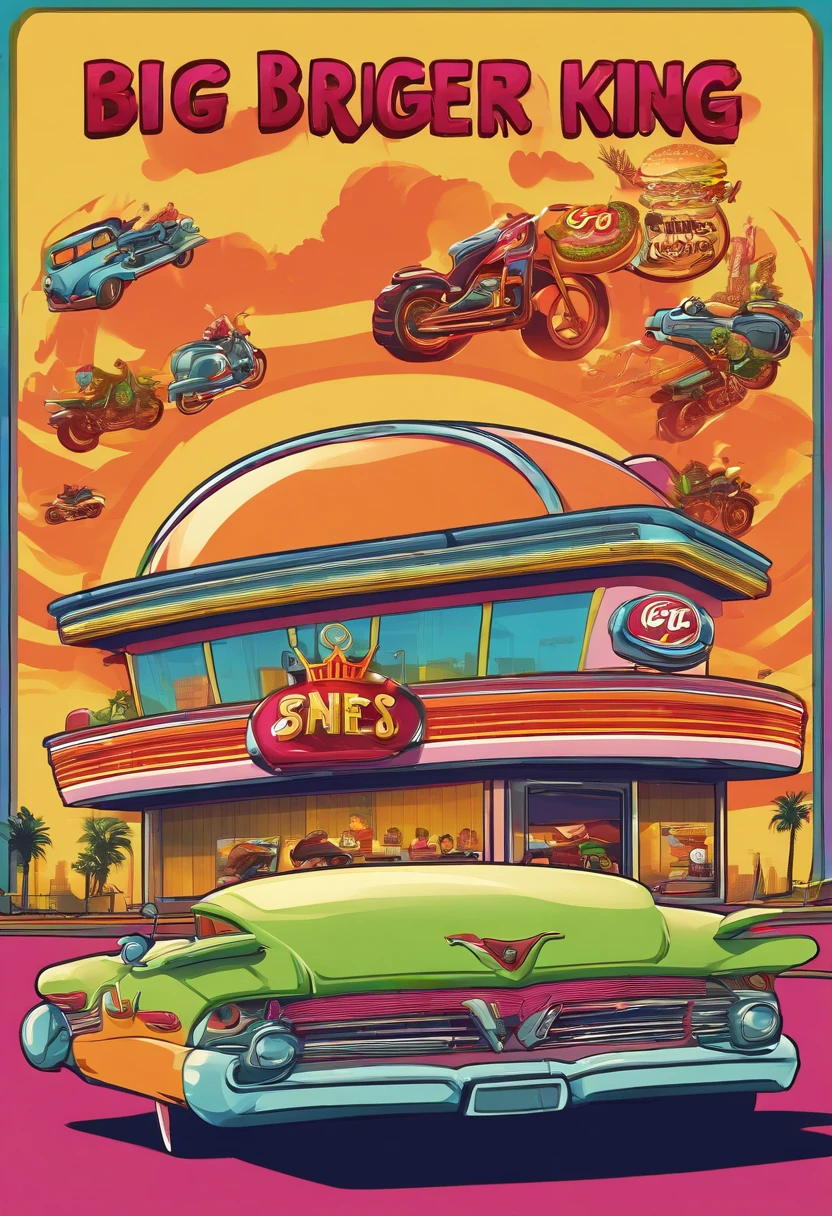 big Burger King sign above the restaurant and the parking space is full with cars and motorcycles