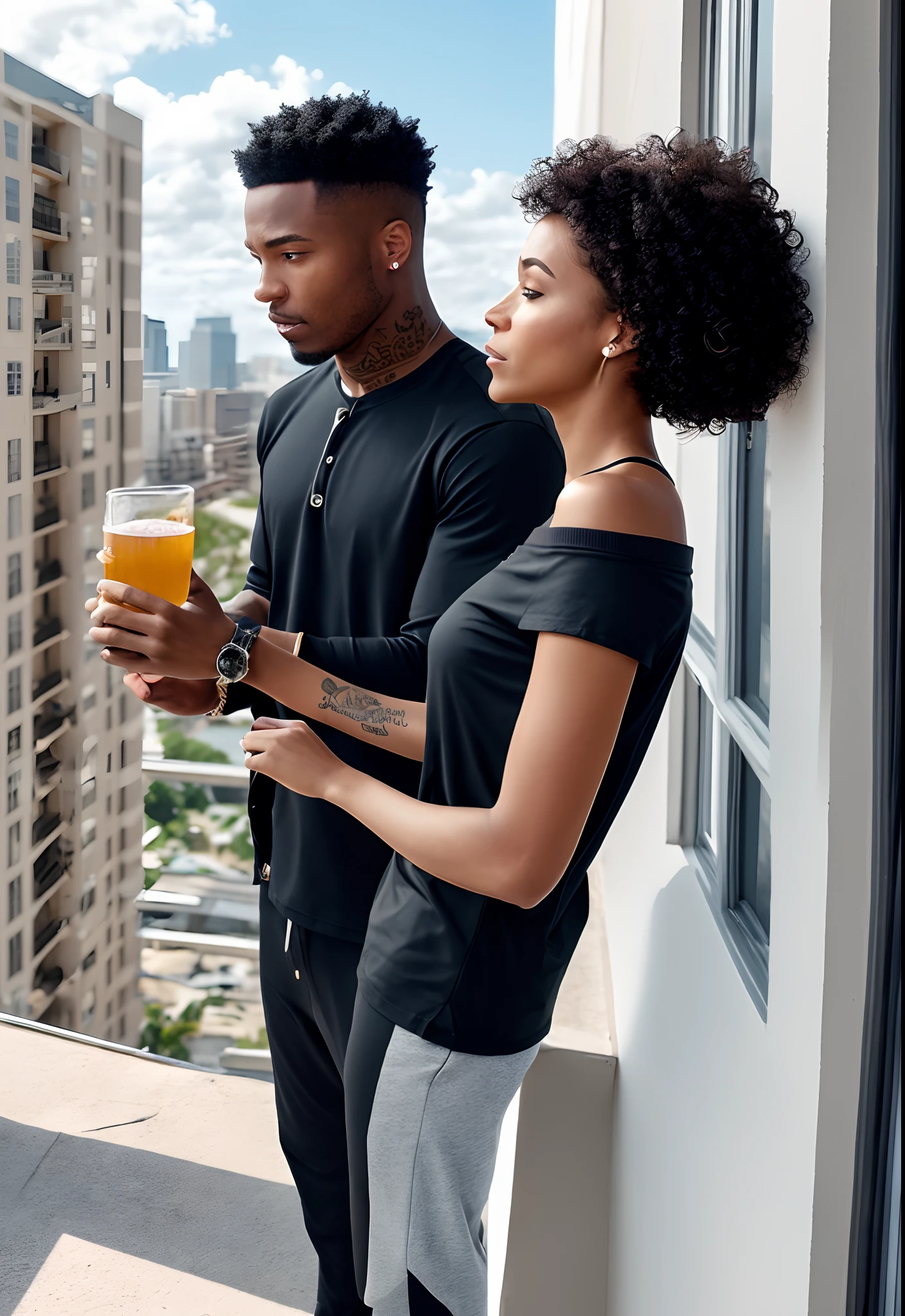 create full body 8k hyper realistic image of an African American man and woman, they have light skin standing on the porch of a high rise apartment in the city, she has on an off the shoulder black shirt, nose piercing, she has her hair in a curly bun, long socks on, she is smoking with one hand and has a drink in another, it is storming, she is looking up at the man, the man has long hair, no shirt on with a lot of tattoos, black sweat pants, he is gazing down at the woman, mood light