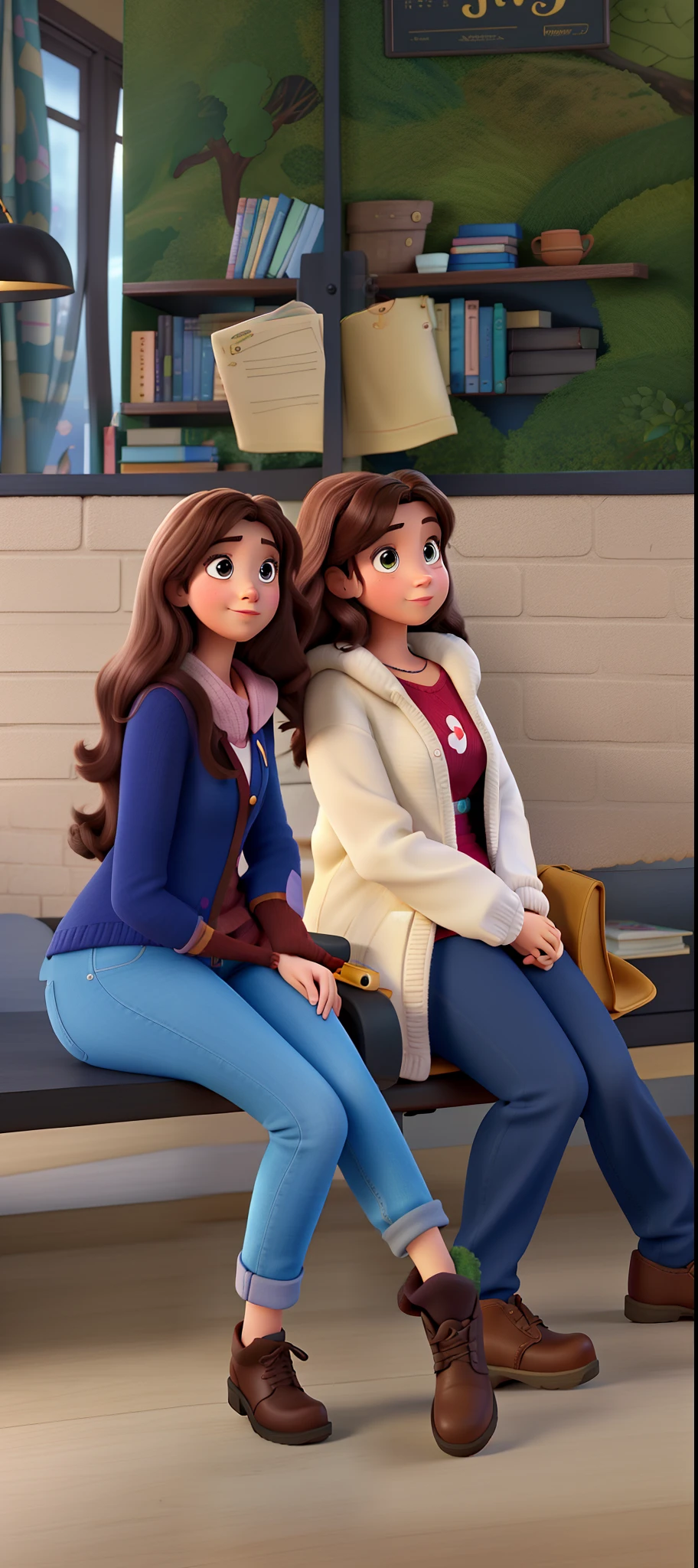 Three brunette women Disney Pixar style, alta qualidade, melhor qualidade, pano de fundo biblioteca, mae e filha