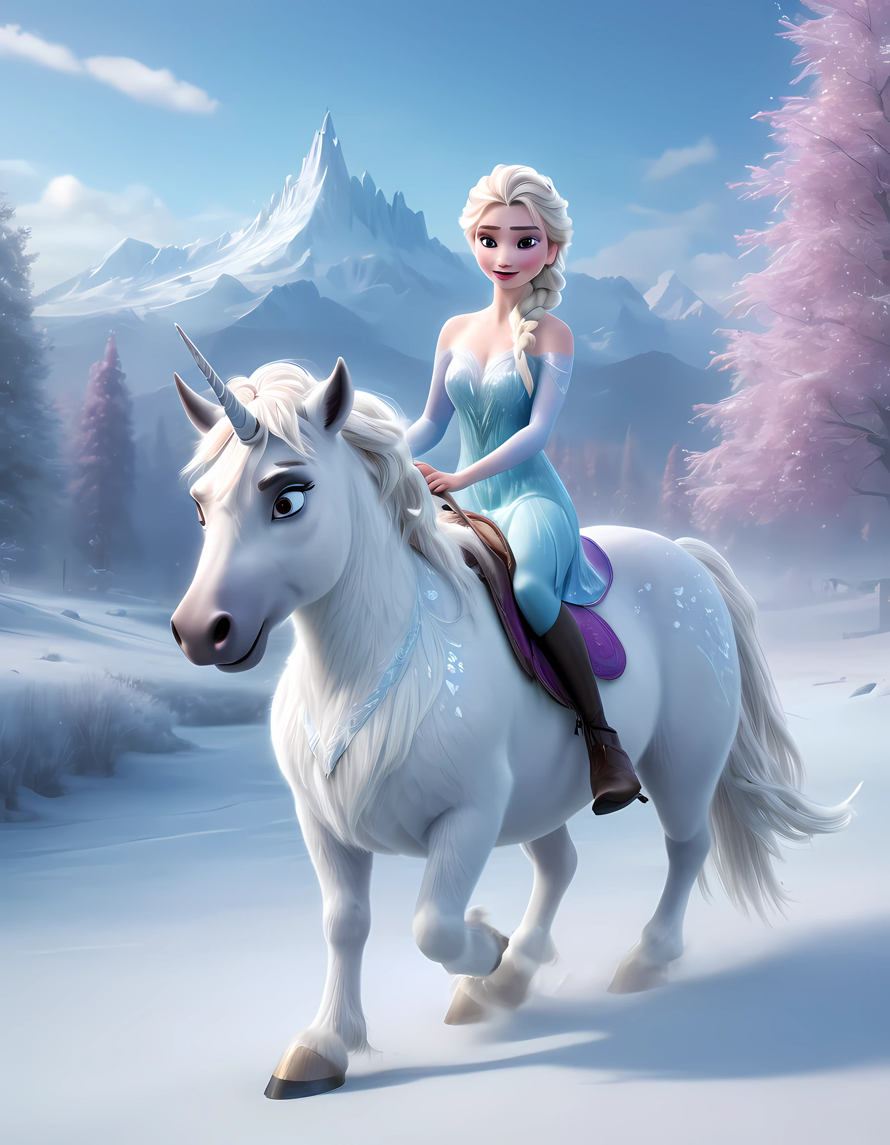 (best quality,4k,8k,highres,masterpiece:1.2),ultra-detailed,(realistic,photorealistic,photo-realistic:1.37),Pixar style:2,Elsa from "Frozen 2",riding a white unicorn,flowing translucent dress,white leggings,full-body shot,snowy landscape,magical aura