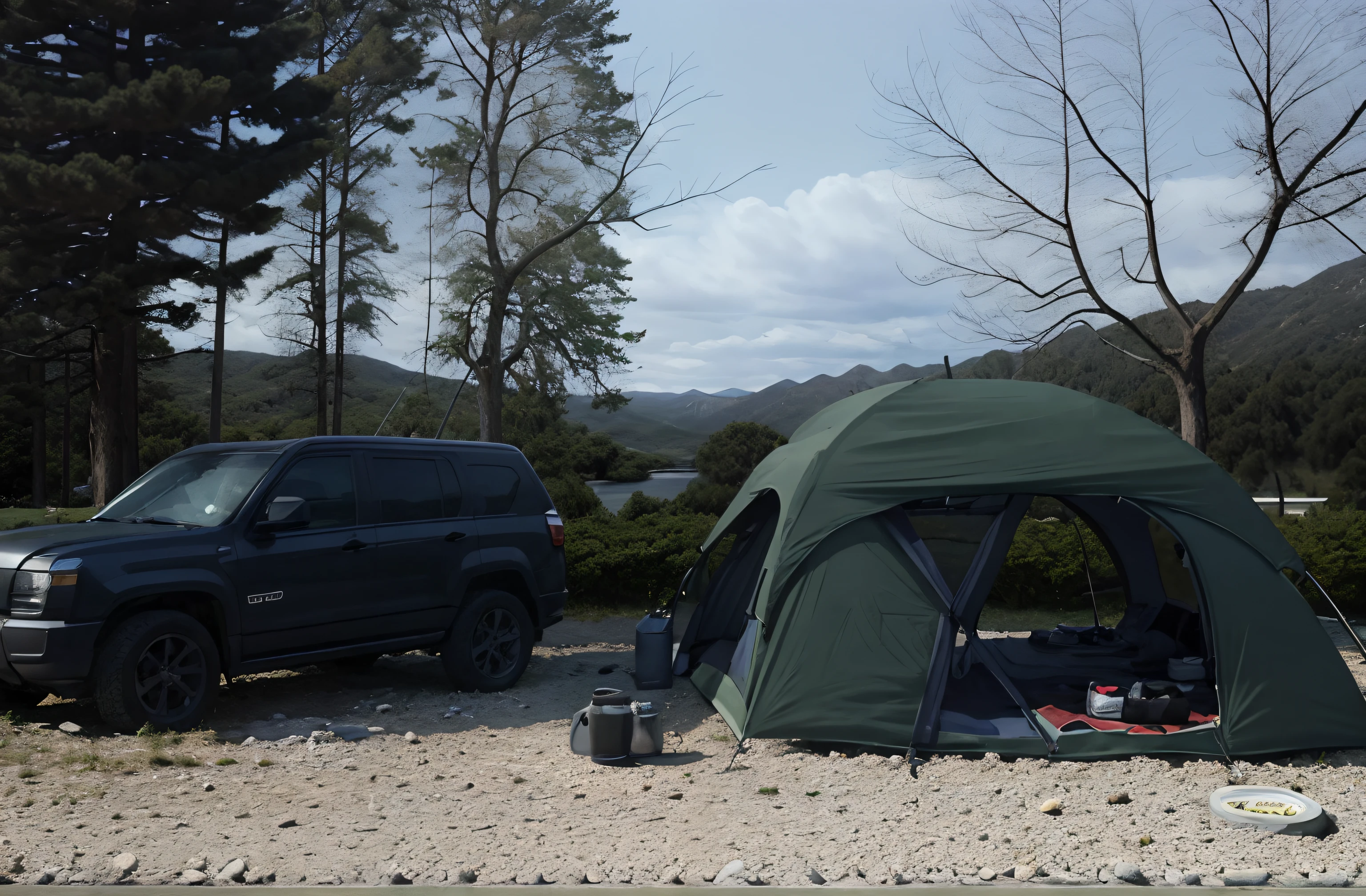 There was a tent and a jeep parked on gravel ground, camping, glamping, camp, tent architecture, , tenten, Dome tents, park in background, outdoor environment,Car camp，camp，The Car