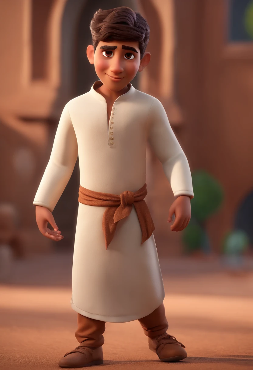 Cartoon character of a boy from middle east wearing white kurta, animation character, Caractere estilizado, animation style rendering, 3D estilizado, Arnold Maya render, 3 d render stylized, toon render keyshot, Personagem 3D, Personagem 3D, 3d rendering stylized, 3 d character render, personagem de desenho animado, Personagem de close up, Pose de personagem,  (Estilo Pixar) (master part:1.2) (Bokeh) (best quality) (pele detalhada) (textura detalhada) (8k) (argila) (Cinematic lighting) (foco nítido