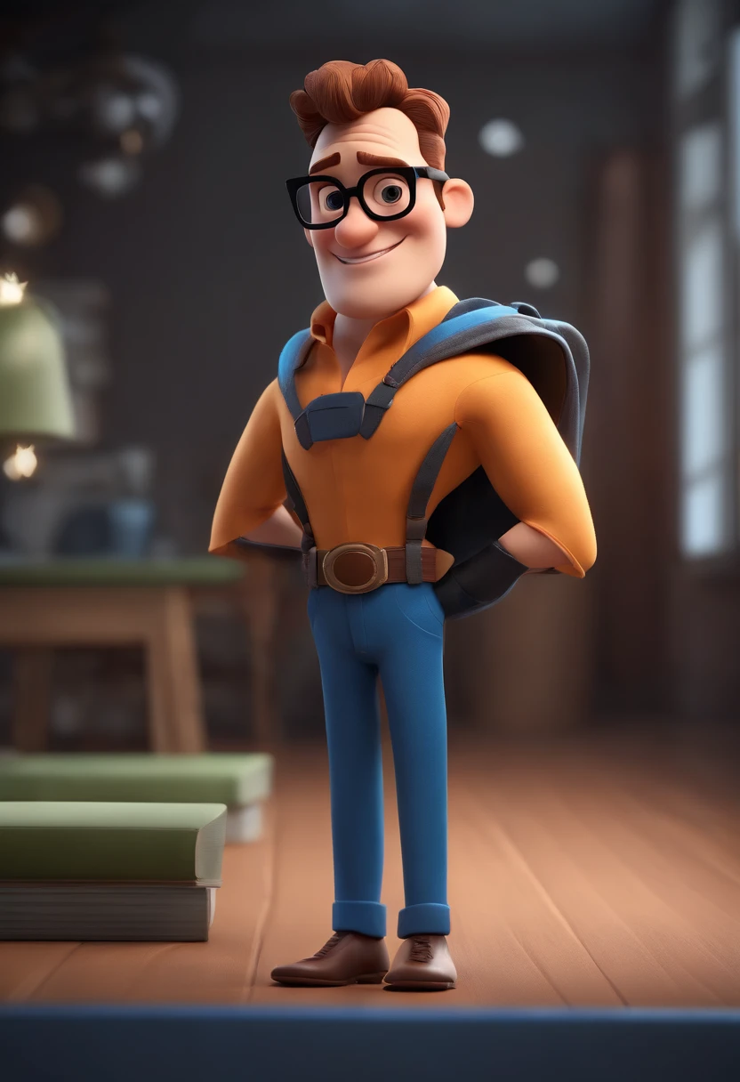 Cartoon character of a man wearing black glasses and a blue shirt, um personagem animado, Caractere estilizado, animation style rendering, 3D estilizado, Arnold Maya render, 3 d render stylized, toon render keyshot, Personagem 3D, Personagem 3D, 3d rendering stylized, 3 d character render, personagem de desenho animado, Personagem de close up, Pose de personagem, (Estilo Pixar) (master part:1.2) (Bokeh) (best quality) (pele detalhada) (textura detalhada) (8k) (argila) (Cinematic lighting) (foco nítido，Senta e vaza a parte superior do corpo