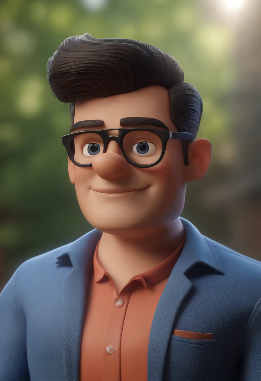 Cartoon character of a man wearing black glasses and a blue shirt, um personagem animado, Caractere estilizado, animation style rendering, 3D estilizado, Arnold Maya render, 3 d render stylized, toon render keyshot, Personagem 3D, Personagem 3D, 3d rendering stylized, 3 d character render, personagem de desenho animado, Personagem de close up, Pose de personagem, (Estilo Pixar) (master part:1.2) (Bokeh) (best quality) (pele detalhada) (textura detalhada) (8k) (argila) (Cinematic lighting) (foco nítido,Senta e vaza a parte superior do corpo