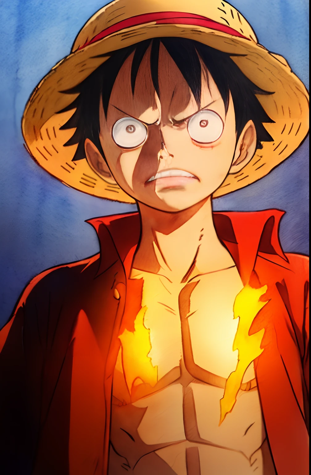 1boy, wanostyle, monkey d luffy, angry looking, straw hat, looking at viewer, solo, upper body, (((masterpiece))), ((best quality)), (extremely detailed), watercolor, illustration, depth of field, sketch, dark intense shadows, sharp focus, soft lighting, hdr, colorful, good composition, fire all around, spectacular, closed shirt, anime screencap