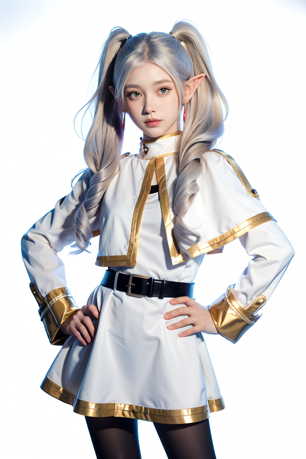 1girl,face,curly hair,white hair,white background,  (perfect hands, perfect anatomy), (blushing:1.2), standing, looking at viewer, solo, hand on hip, fll, twintails, 1girl, pointy ears, round face, green eyes, elf, pantyhose, long hair, earrings, black pantyhose, white capelet, long sleeves, dress