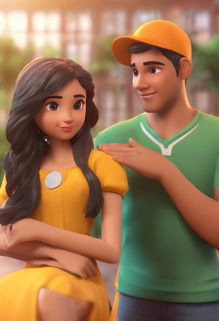 Um jovem casal apaixonado, Brunette with black shirt and a young girl with a strappy dress in front of the young man. Juntos deitados em uma rede verde.