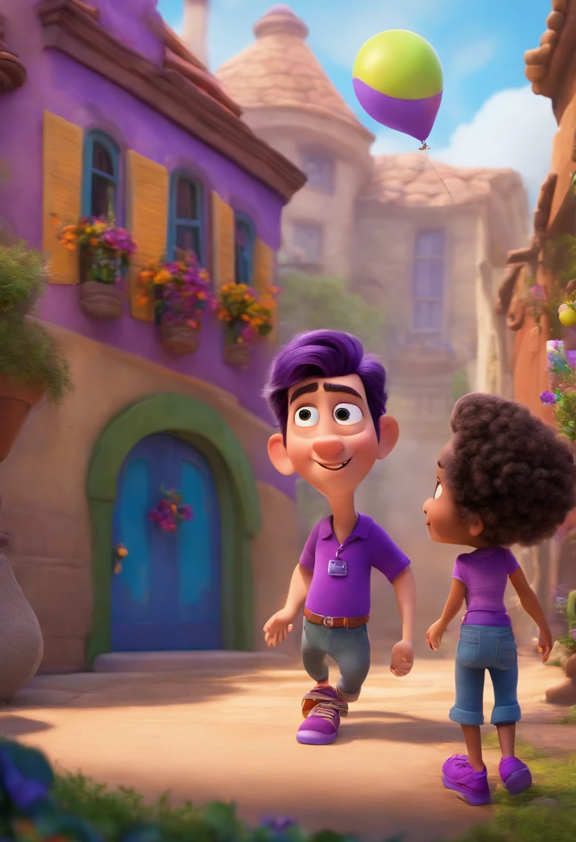 A dream architect inspired by Pixar animation, up close. The character takes center stage with captivating facial expressions, offering a touch of unreality, a marathon runner with purple tank top shirt , purple arm sleeves , purple shoes and a crazy lady with gifts to chase him