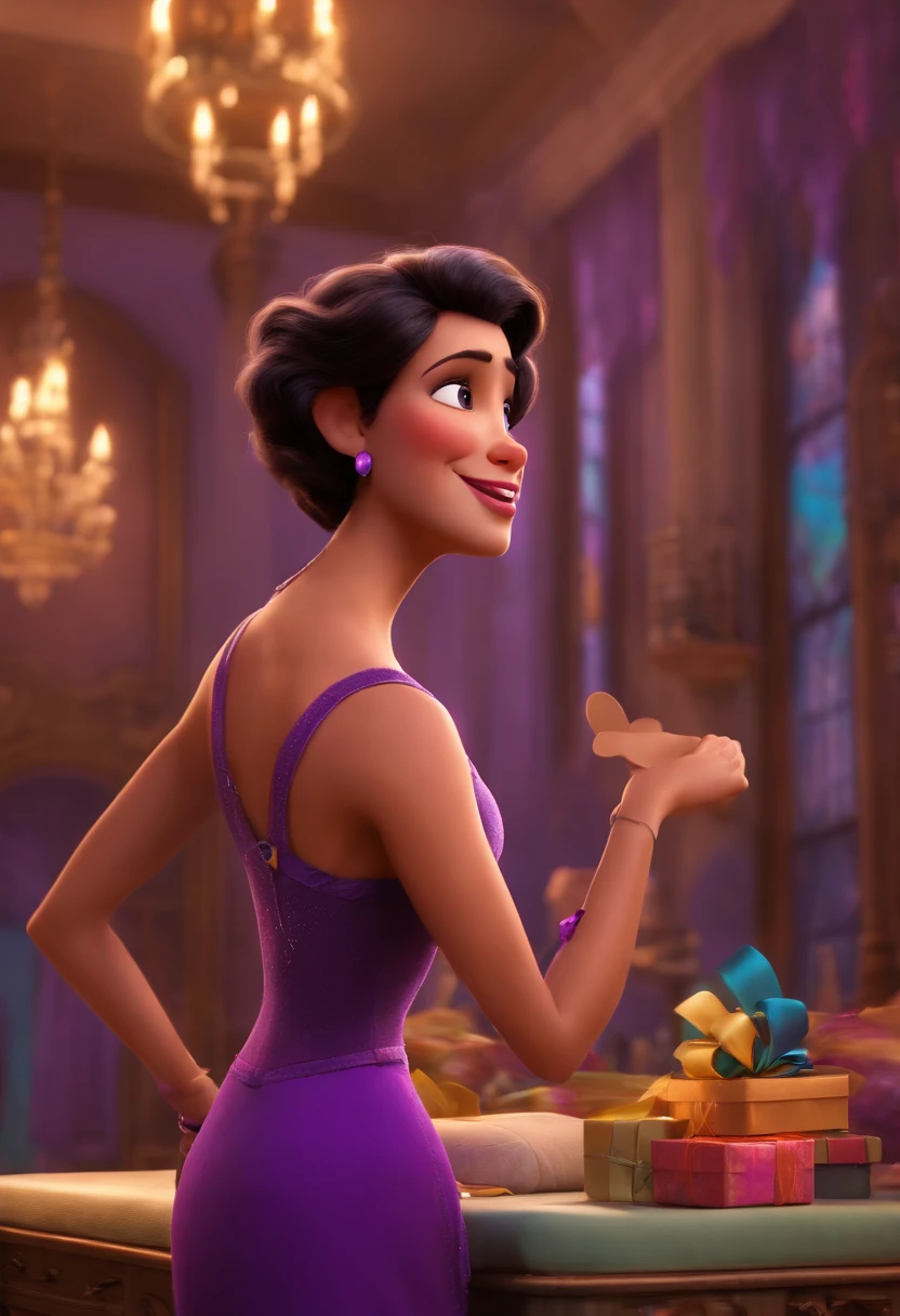 A dream architect inspired by Pixar animation, up close. The character takes center stage with captivating facial expressions, offering a touch of unreality, a marathon runner with purple tank top shirt , purple arm sleeves , purple shoes and a crazy lady with gifts to chase him