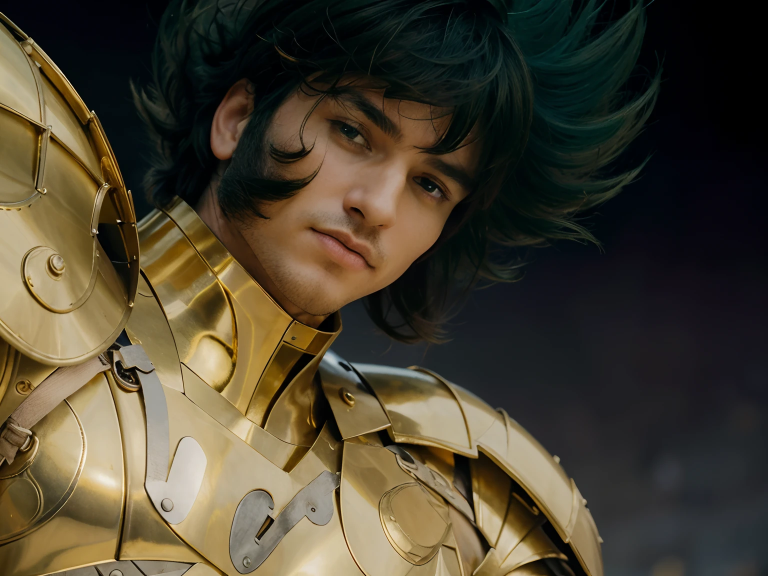 (masterpiece), (realistic) low angle, close up portrait of an man, (male), 30 years old, spanish, (1boy), solo, serious, looking at viewer, wearing an medieval armor, (full body armor), (golden armor), chrome gold, (detailed armor), (ornate armor), dark green hair, (hair blowing in wind), (hair chops), upper body, night and stars background, sharp focus, cinematic lighting,
