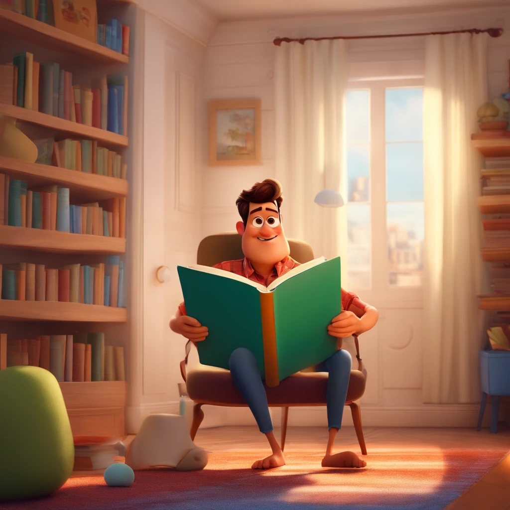 fundo branco, pixar desenhos animados 3D, homem lendo um livro, ::estilo pixar cartoon