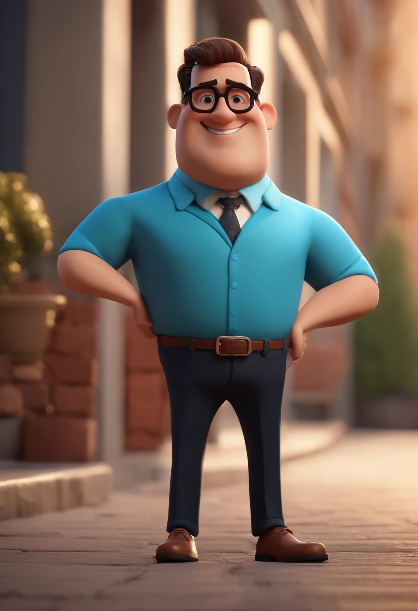 Cartoon character of a man with black glasses and a blue shirt, animation character, Caractere estilizado, animation style rendering, 3D estilizado, Arnold Maya render, 3 d render stylized, toon render keyshot, Personagem 3D, Personagem 3D, 3d rendering stylized, 3 d character render, personagem de desenho animado, Personagem de close up, Pose de personagem,  (Estilo Pixar) (master part:1.2) (Bokeh) (best quality) (pele detalhada) (textura detalhada) (8k) (argila) (Cinematic lighting) (foco nítido