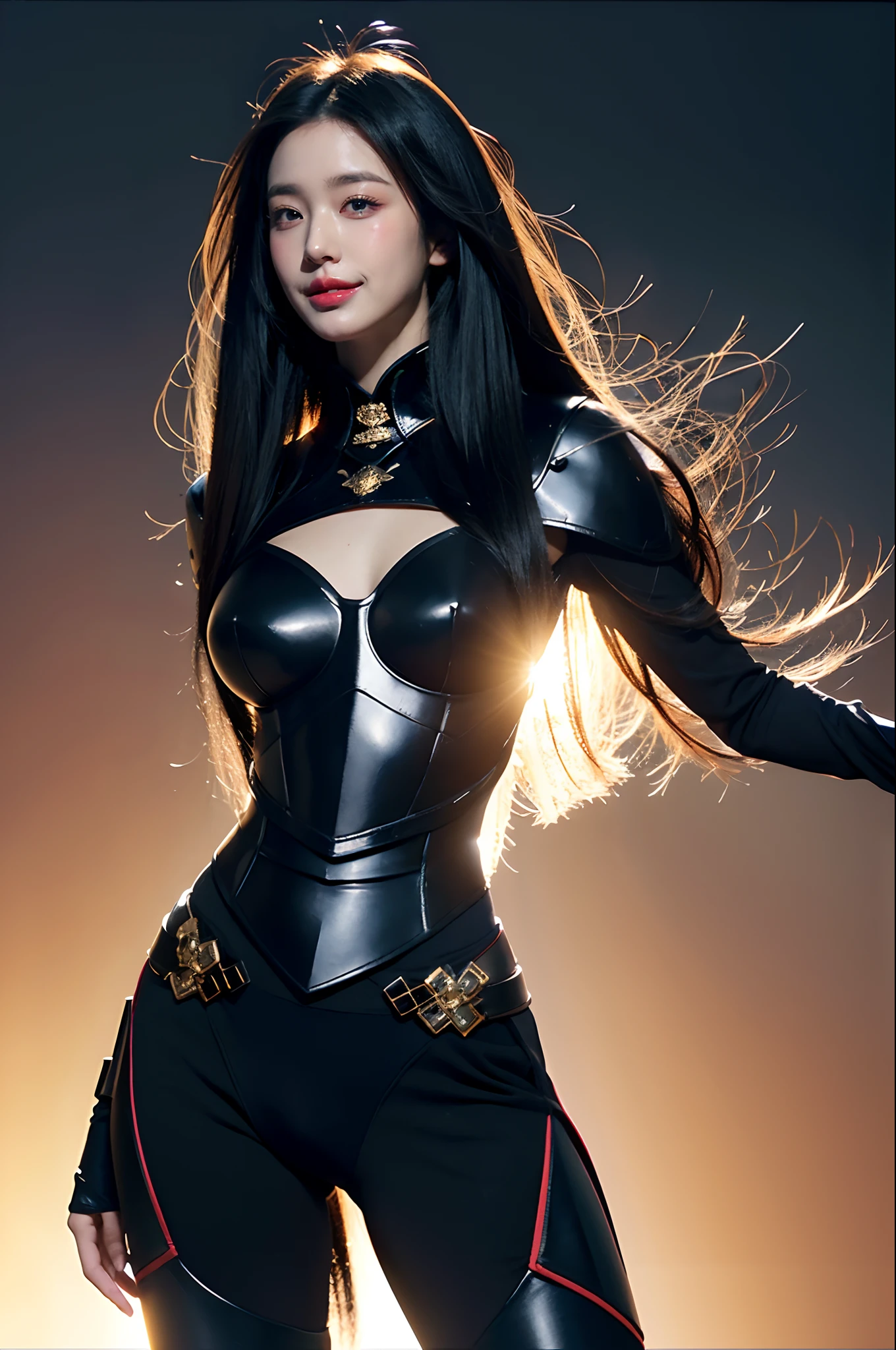 1girl, depth of field, official art, unity 8k wallpaper, ultra detailed, illustration, beautiful and aesthetic, masterpiece, best quality, knight, (big breasts), (milf, mature female), (black armor, armor, breastplate), beautiful face, (long hair, black hair, very straight hair:1.4, hime cut:1.4), blue eyes, cowboy shot, glowing skin, back lighting, athletic figure, muscular female, curvy, wide hips, colorful, looking at viewer, Hyperrealistic, gradient background, dark background, outline, fantasy, from the front, watercolor, traditional media, (chromatic aberration, intricate details)