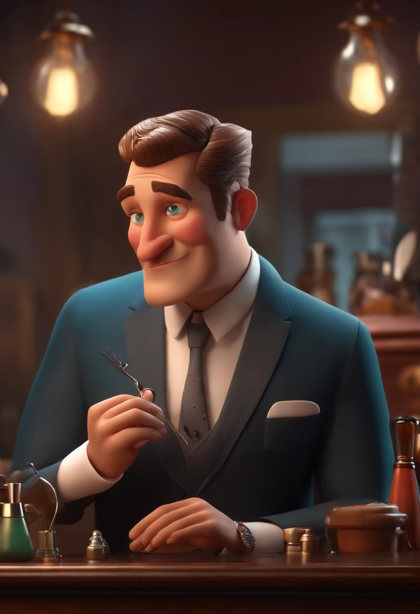 (best quality,3D rendering:1.2),Disney/Pixar inspired 3D poster,37-year-old man with short gradient hair,dressed in a suit and tie,working as a barber
