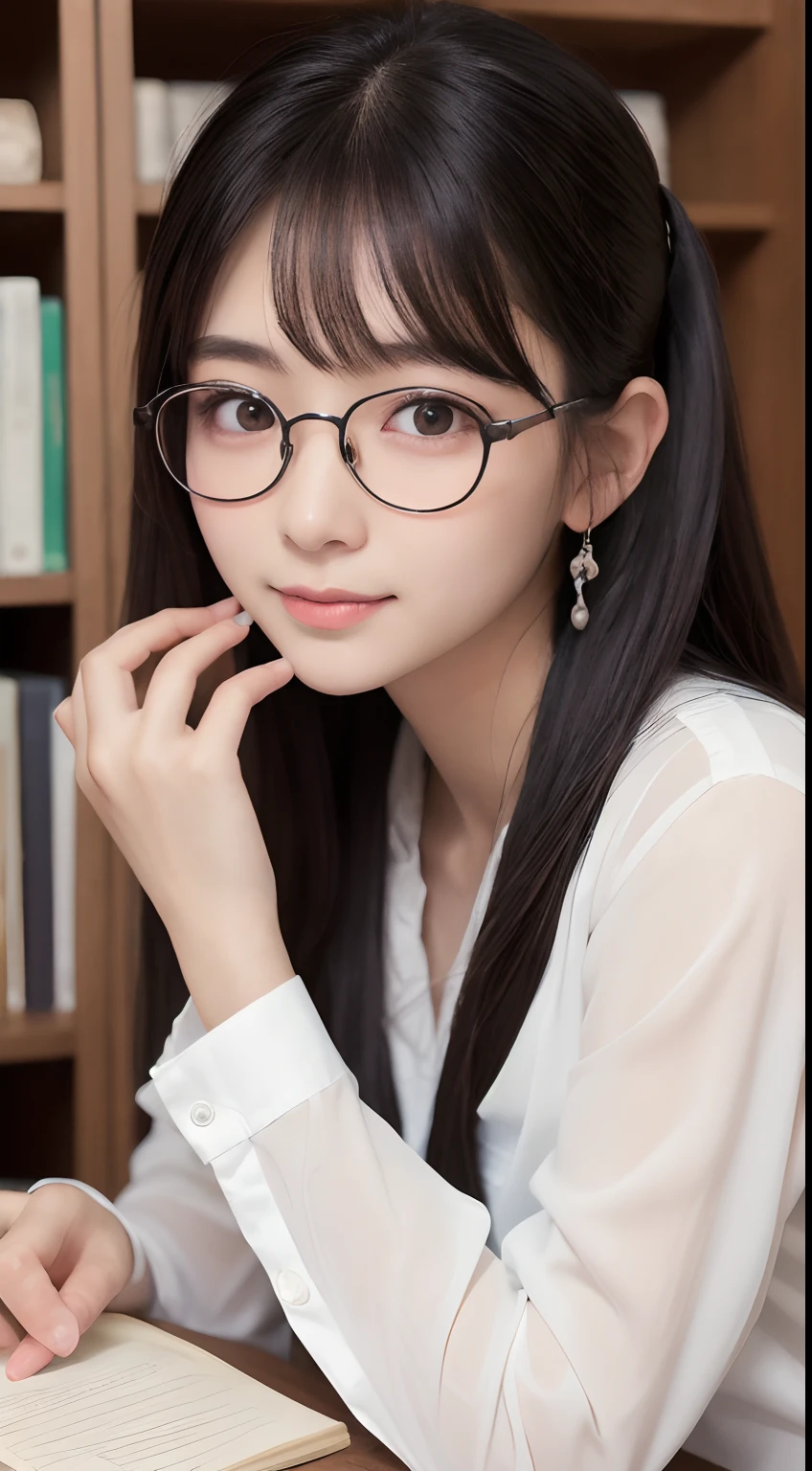 Less revealing costumes、hi-school girl、Dressed in uniform、white  shirt、Smile、Daytime、Raw photography、(((Ultimate Beauty Portrait)))、((glistning skin))、女の子1人、((Big eyes that shine like jewels))、Plump milk、Glossy glossy skin、(Medium Hair)、(Silky Ponytail Hair)、(frombelow)、eye liner、Beautiful bangs、((​masterpiece、top-quality、ultra-detailliert、Film Light、intricate-detail、hight resolution、ighly detailed))、细致背景、8KUHD、Digital SLR、Soft light、hightquality、Film grain、FujifilmXT3 、Shallow depth of field、natural soft light、Kamimei、Lush bust、Stand in the library、Neat and clean woman、Elegant、Graceful、bespectacled、serious facial expression、Holding a notebook in hand