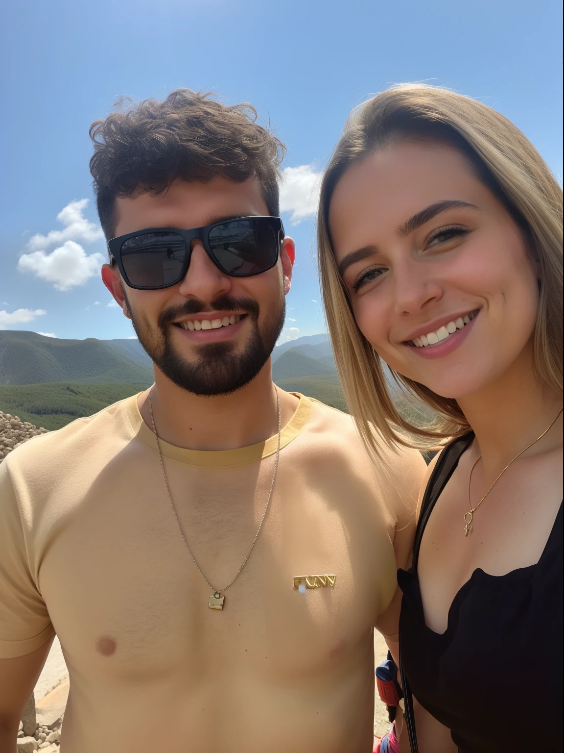 There's a man and a woman together in front of a mountain, com montanhas ao fundo, Montanhas ao fundo, com montanhas no fundo, com montanhas como pano de fundo, Colinas ao fundo, algumas montanhas ao fundo, Ruins in the background, Charli Bowater e Artgeem, Directed by: Nandor Soldier, vacation photo