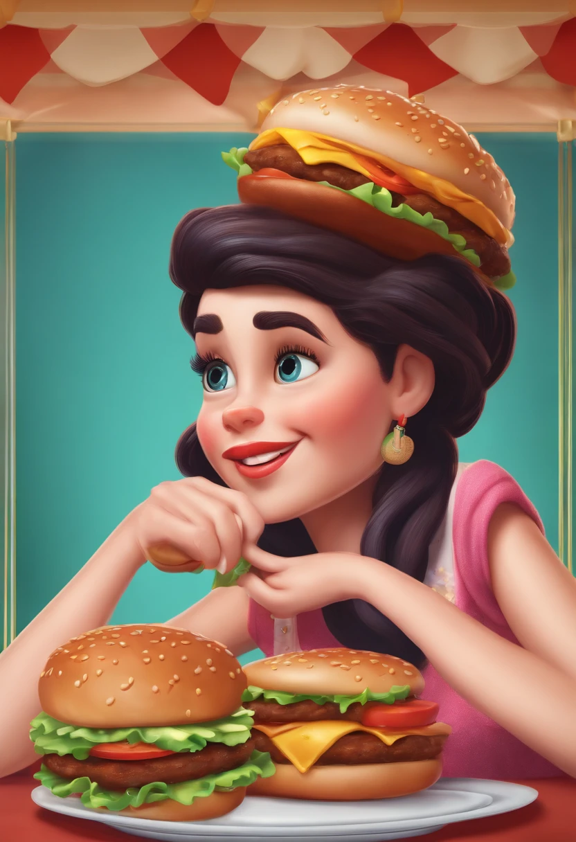 Make a Girl, She's hungry, como Disney Cartoon, She's eating hamburger, Pixar, ..3d, Disney