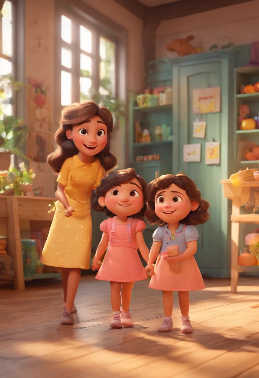 Estilo Pixar: Familia, Um pai, A mother and two girls. Uma menino de 6 anos e outro de 2 anos . Uma fazenda com vacas lindas e marrom .