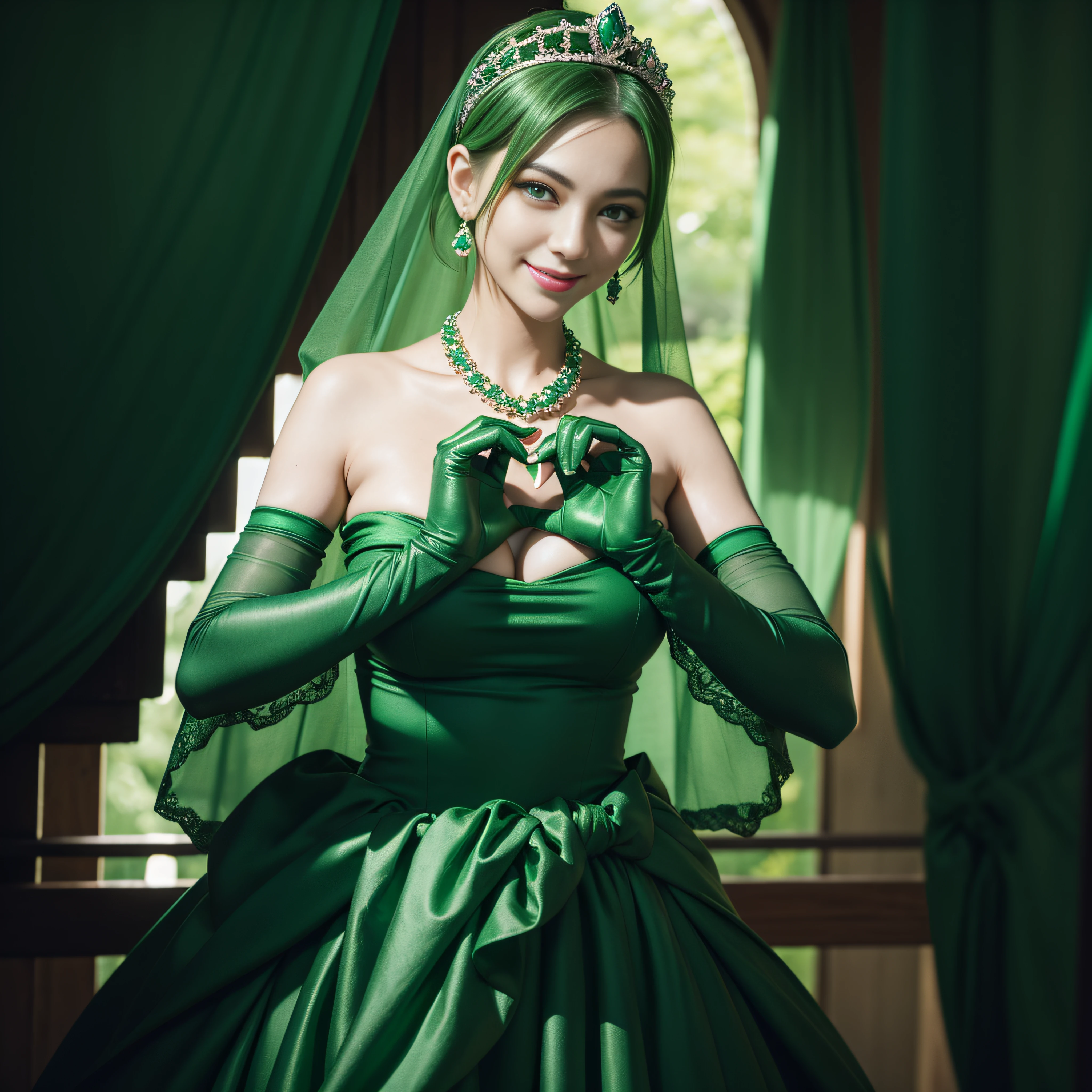 emerald tiara, Green Pearl Necklace, Boyish very short green hair, lipsticks, Japan woman smiling, very short short hair, big breasts beautiful, Green eyes, Long green gloves made of satin material, Green eyes, Emerald Earrings, green vale, Heart with both hands