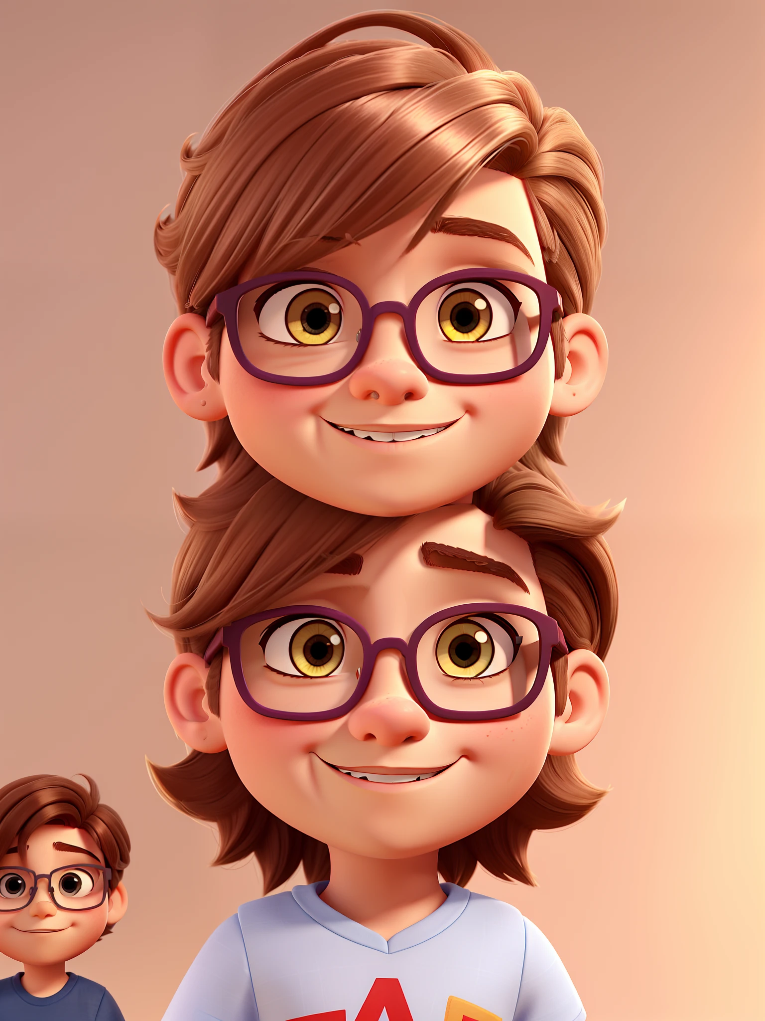 pai cabelo bem curto rosa barba curta acompanhando o formato do rosto sorriso , Mom blonde and brown hair glasses slanted eyes, Child Boy 3 years old Short hair light brown and another boy 7 years old small white hair with design on the side , Disney pixar |