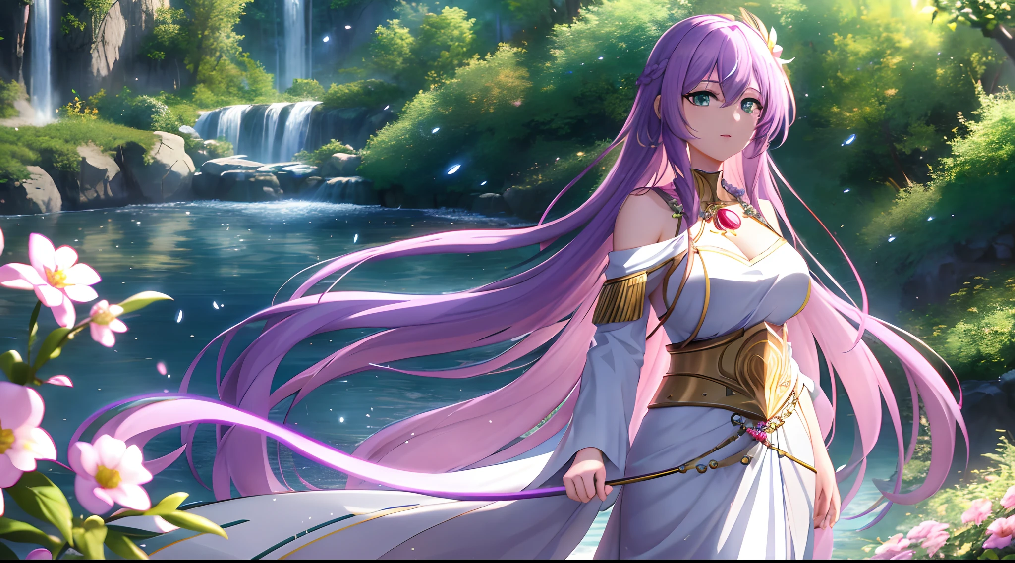 Athena with plain long light purple hair,hair between eyes,green eyes,rosy cheeks,full lips,thin eyebrows,slender body,wearing saint full robe covering body and full long skirt,praying beads on neck,beads on neck,cute anime girl,full body,flowers field leading to waterfall in background,anime style,Lumen Reflections,Screen Space Reflections,Diffraction Grading,Chromatic Aberration,GB Displacement,Scan Lines,Ray Traced,Anti-Aliasing,FXAA,TXAA,RTX,SSAO,Shaders,OpenGL-Shaders, GLSL-Shaders,Post Processing,Post-Production,cell Shading,Tone Mapping,CGI,VFX,SFX,insanely detailed and intricate, 4K,standing, solo, masterpiece, best quality, detailed face, detailed eyes, highres, standing, solo,masterpiece, best quality