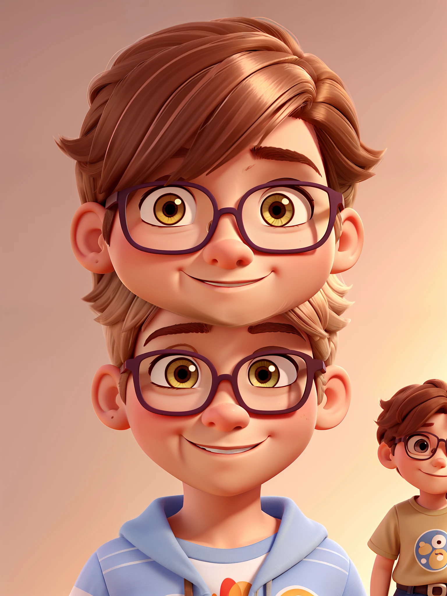 pai cabelo bem curto rosa barba curta acompanhando o formato do rosto sorriso , Mom blonde and brown hair glasses slanted eyes, Child Boy 3 years old Short hair light brown and another boy 7 years old small white hair with design on the side , Disney pixar |