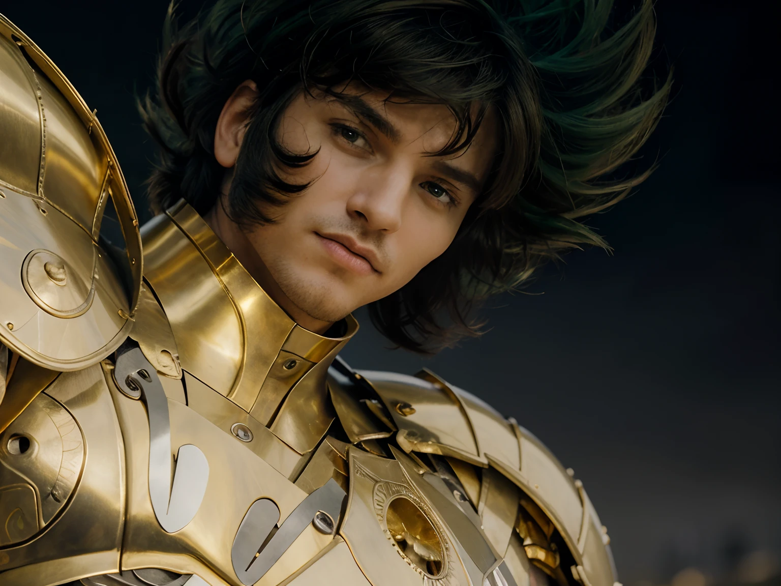(masterpiece), (realistic) low angle, close up portrait of an man, (male), 30 years old, spanish, (1boy), solo, serious, looking at viewer, wearing an medieval armor, (full body armor), (golden armor), chrome gold, (detailed armor), (ornate armor), dark green hair, (hair blowing in wind), (hair chops), upper body, night and stars background, sharp focus, cinematic lighting,