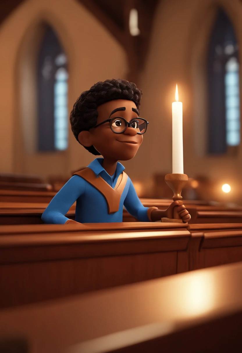 Cartoon character of a dark-skinned boy wearing black glasses and a blue shirt inside the church looking at Jesus nailed to the cross, um personagem animado, Caractere estilizado, animation style rendering, 3D estilizado, Arnold Maya render, 3 d render stylized, toon render keyshot, Personagem 3D, Personagem 3D, 3d rendering stylized, 3 d character render, personagem de desenho animado, Personagem de close up, Pose de personagem, (Estilo Pixar) (master part:1.2) (Bokeh) (best quality) (pele detalhada) (textura detalhada) (8k) (argila) (Cinematic lighting) (foco nítido,Senta e vaza a parte superior do corpo