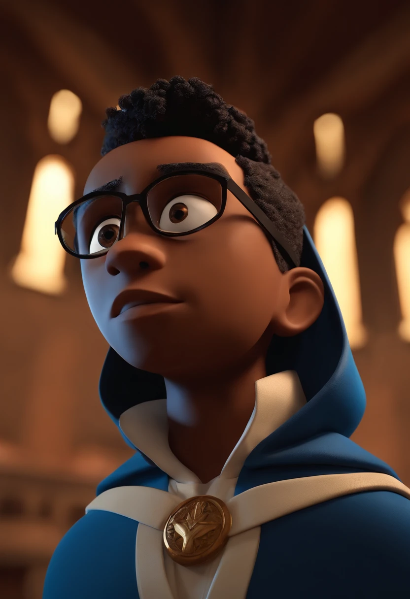 Cartoon character of a dark-skinned boy wearing black glasses and a blue shirt inside the church looking at Jesus nailed to the cross, um personagem animado, Caractere estilizado, animation style rendering, 3D estilizado, Arnold Maya render, 3 d render stylized, toon render keyshot, Personagem 3D, Personagem 3D, 3d rendering stylized, 3 d character render, personagem de desenho animado, Personagem de close up, Pose de personagem, (Estilo Pixar) (master part:1.2) (Bokeh) (best quality) (pele detalhada) (textura detalhada) (8k) (argila) (Cinematic lighting) (foco nítido,Senta e vaza a parte superior do corpo