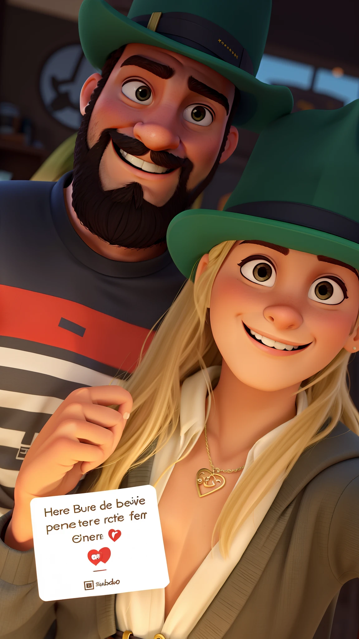 Homem barbudo, mulher loira, de chapeu, sorriso