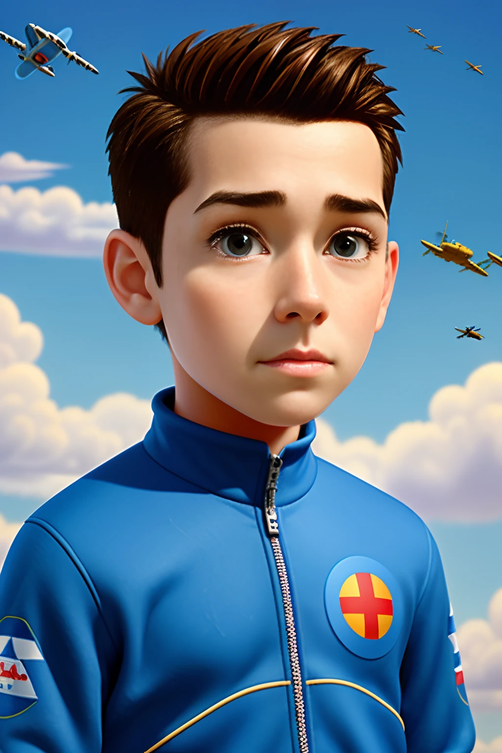 (estilo pixar: 1.25) um retrato de.A 10-year-old boy in an aeronautical battle with multiple planes, e o nome Marcus Mauricio