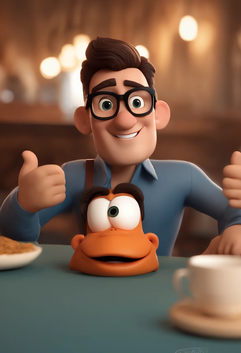 Cartoon character of a man with black glasses and a blue shirt, animation character, Caractere estilizado, animation style rendering, 3D estilizado, Arnold Maya render, 3 d render stylized, toon render keyshot, Personagem 3D, Personagem 3D, 3d rendering stylized, 3 d character render, personagem de desenho animado, Personagem de close up, Pose de personagem, (Estilo Pixar) (master part:1.2) (Bokeh) (best quality) (pele detalhada) (textura detalhada) (8k) (argila) (Cinematic lighting) (foco nítido. Criar uma personagem estilo Disney pixar, onde tenho 44anos masculino, itinia branca, olhos verdes, cabelo escuro, nariz grande, sentado em frente uma mesa. fundo claro e camiseta vermelha. COM BARBA.