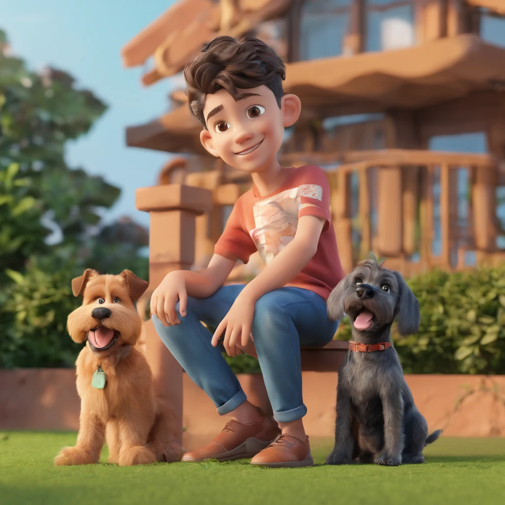 Lucas is a smiling -yeld hu boy, com seu fiel amigo, Bolt, o cachorro schnauzer, deitados no jardim