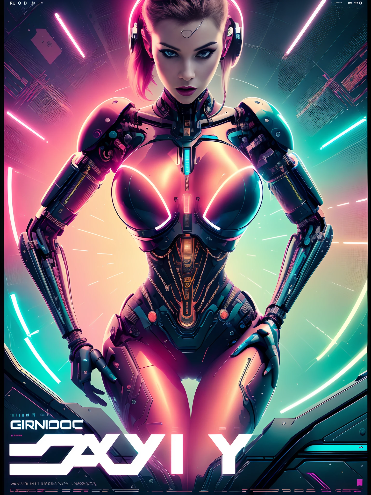 sexy female cyborg, magazine cover, poster art , hint of neon vibrant, bold huge text, matted design layout.