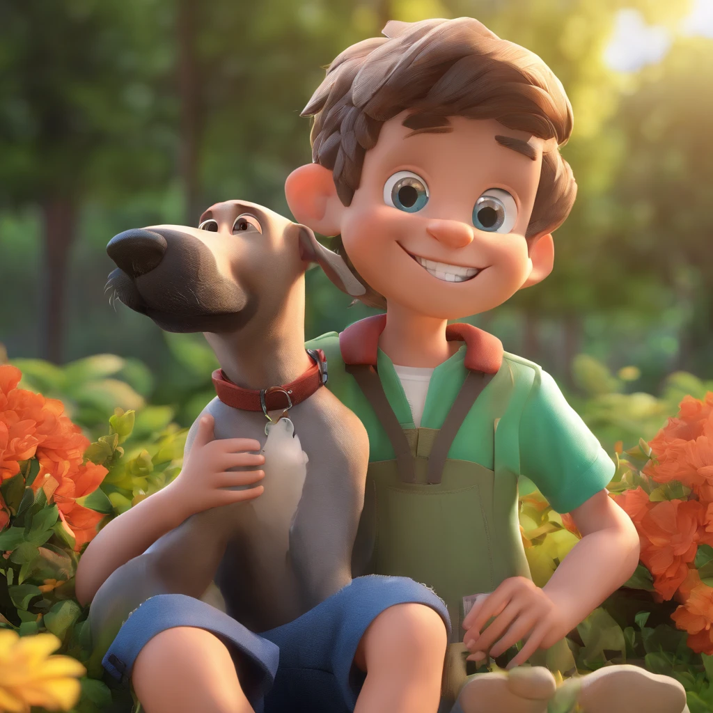 Lucas is a smiling 15-year-old human boy, com seu fiel amigo, Bolt, o cachorro schnauzer, deitados no jardim