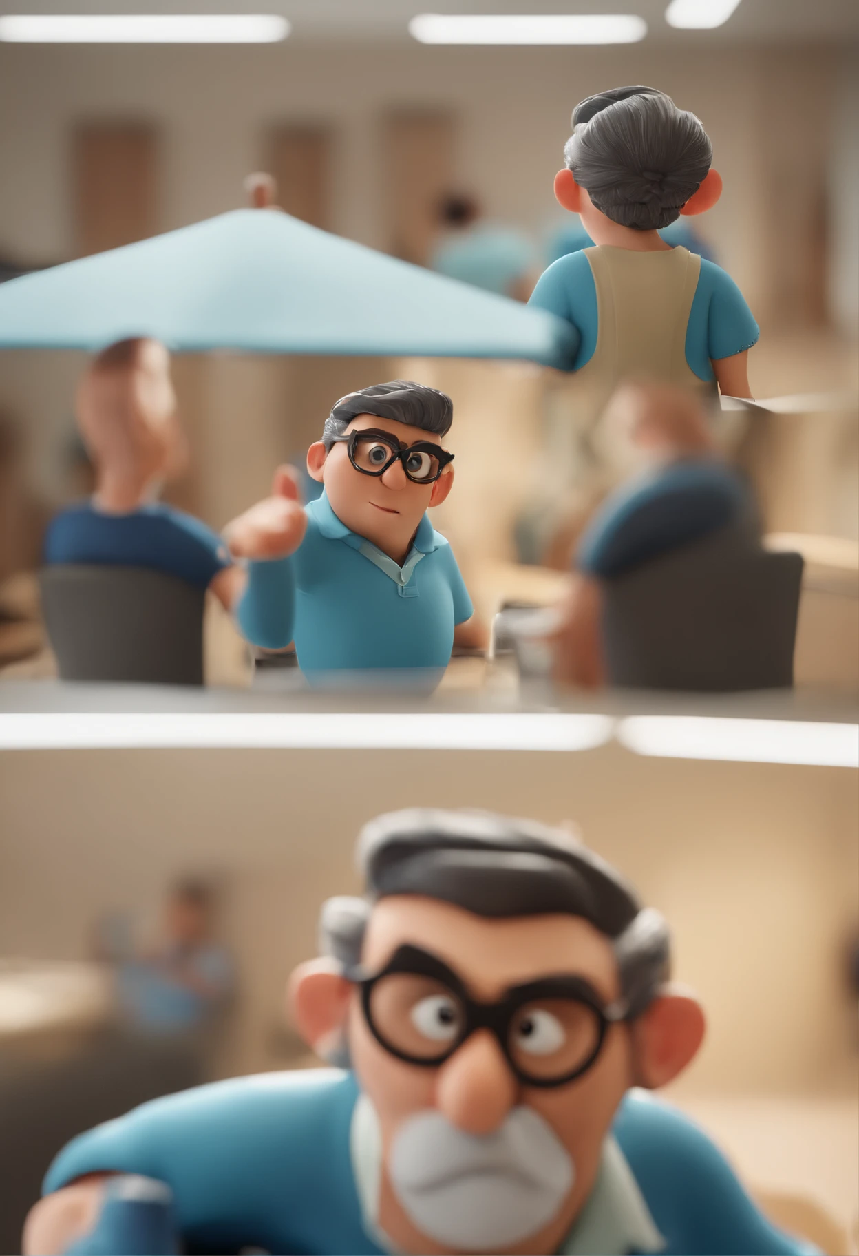 Cartoon character of a man with black glasses and a blue shirt, animation character, Caractere estilizado, animation style rendering, 3D estilizado, Arnold Maya render, 3 d render stylized, toon render keyshot, Personagem 3D, Personagem 3D, 3d rendering stylized, 3 d character render, personagem de desenho animado, Personagem de close up, Pose de personagem,  (Estilo Pixar) (master part:1.2) (Bokeh) (best quality) (pele detalhada) (textura detalhada) (8k) (argila) (Cinematic lighting) (foco nítido. Criar uma personagem estilo Disney pixar, onde tenho 44anos masculino, itinia branca, olhos verdes, cabelo escuro, nariz grande, sentado em frente uma mesa. fundo claro e camiseta vermelha. COM BARBA.
