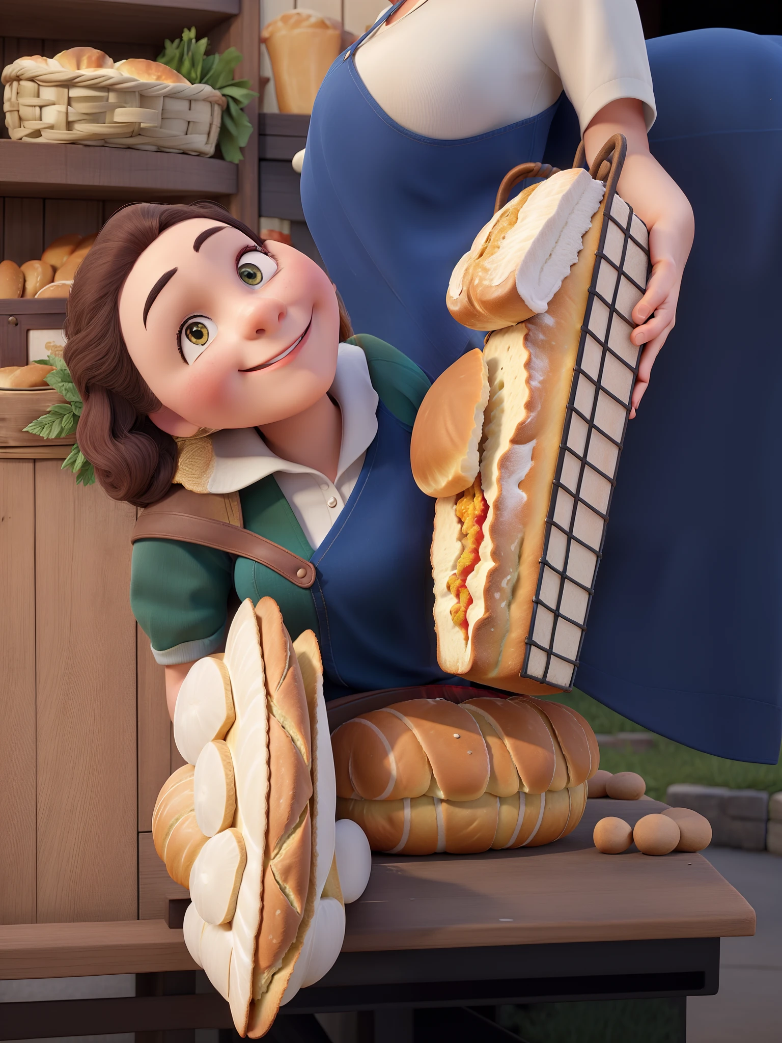 woman holding a bread basket and smiling