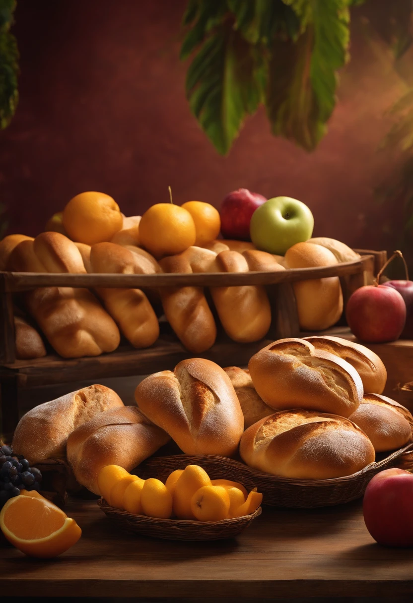 A group of "bread babys" or tantawawas "in a table with streamers and fruits, photo realistic, wide angle