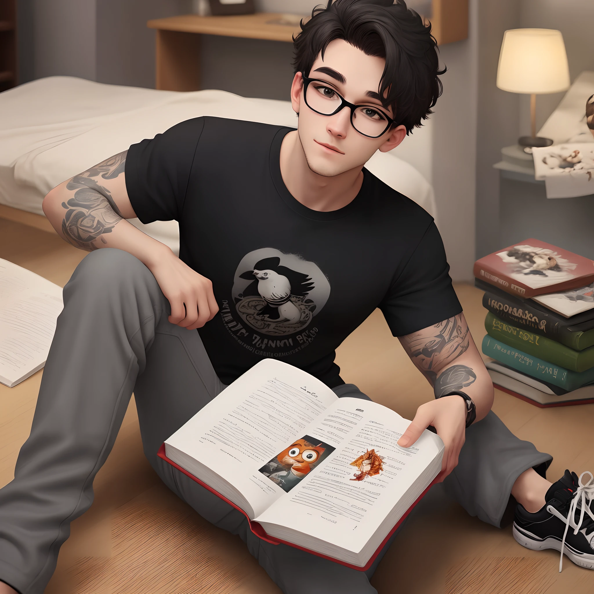 jovem adulto homem, inspirado na Disney Pixar, homem de cabelo bem curto, bespectacled, com brinco no lado esquerdo da orelha, Tattoo of a bird on the left arm, in dark grey pants and black t-shirt, Black sneakers with white laces, Holding a white-bound book and a brain on the cover.