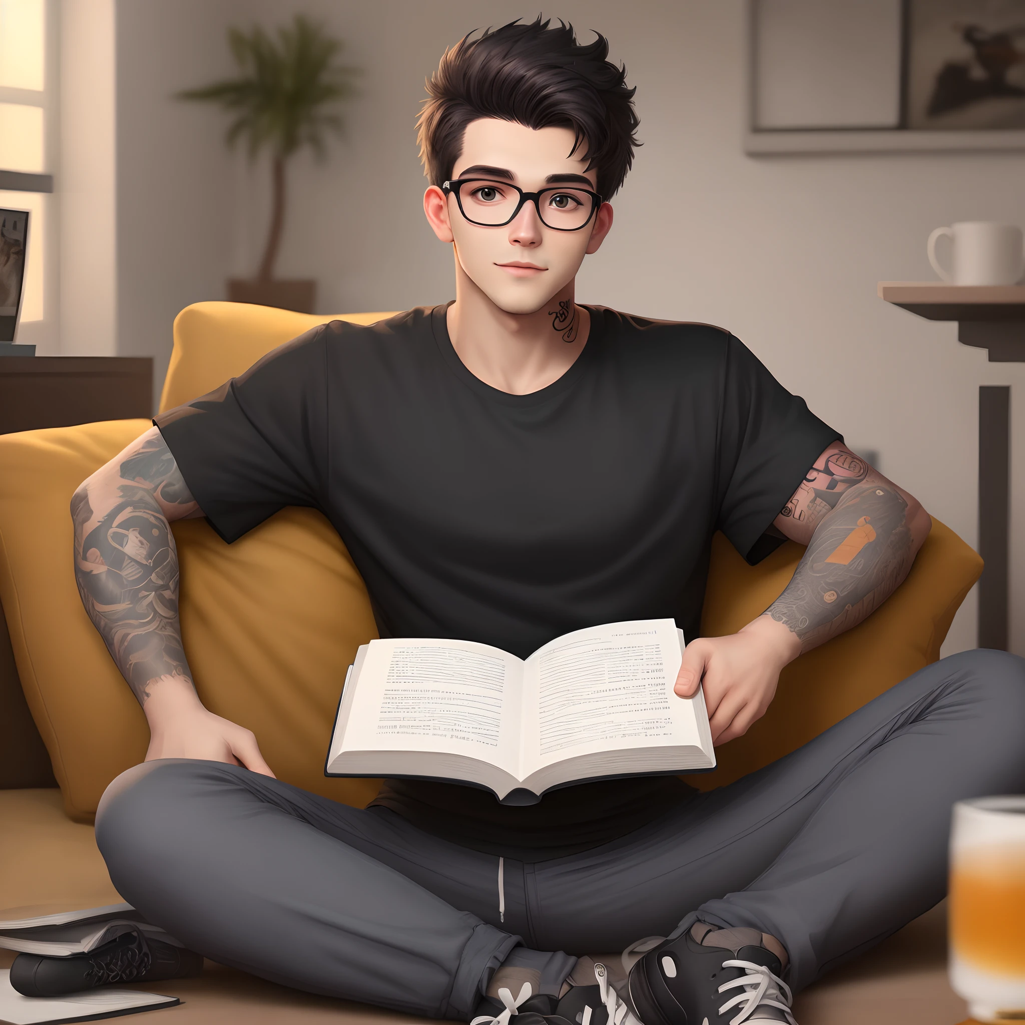 jovem adulto homem, inspirado na Disney Pixar, homem de cabelo bem curto, bespectacled, com brinco no lado esquerdo da orelha, Tattoo of a bird on the left arm, in dark grey pants and black t-shirt, Black sneakers with white laces, Holding a white-bound book and a brain on the cover.