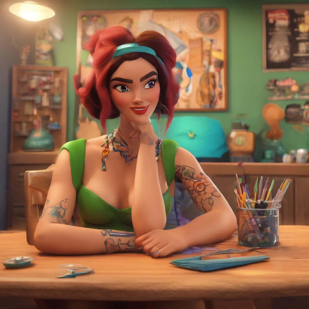 create a 3D movie poster inspired by Disney Pixar, The scene should be in Pixar's signature digital art style, com uma imagem caricatural que lembra a cantora brasileira "Anita" in the prone position, Wearing a bikini while a tattoo artist is sitting tattooing with a giant ring on one hand, inside a tattoo parlor.