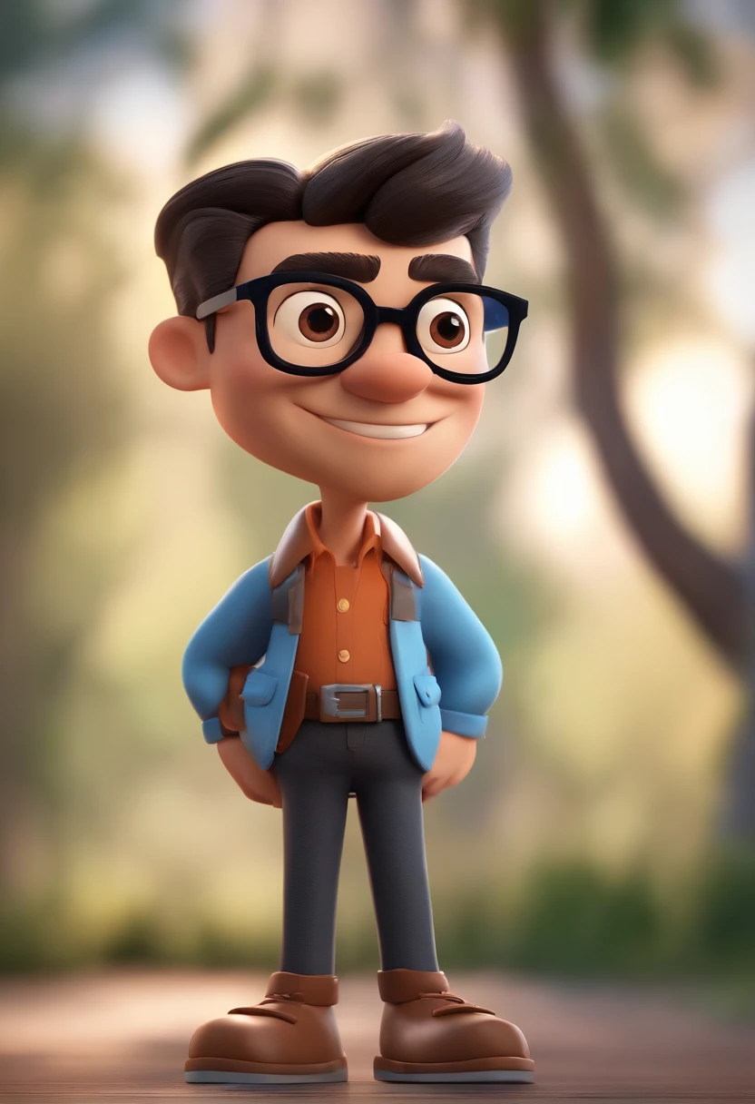 Cartoon character of a man wearing black glasses and a blue shirt, um personagem animado, Caractere estilizado, animation style rendering, 3D estilizado, Arnold Maya render, 3 d render stylized, toon render keyshot, Personagem 3D, Personagem 3D, 3d rendering stylized, 3 d character render, personagem de desenho animado, Personagem de close up, Pose de personagem, (Estilo Pixar) (master part:1.2) (Bokeh) (best quality) (pele detalhada) (textura detalhada) (8k) (argila) (Cinematic lighting) (foco nítido，Senta e vaza a parte superior do corpo com barba e 28 anos