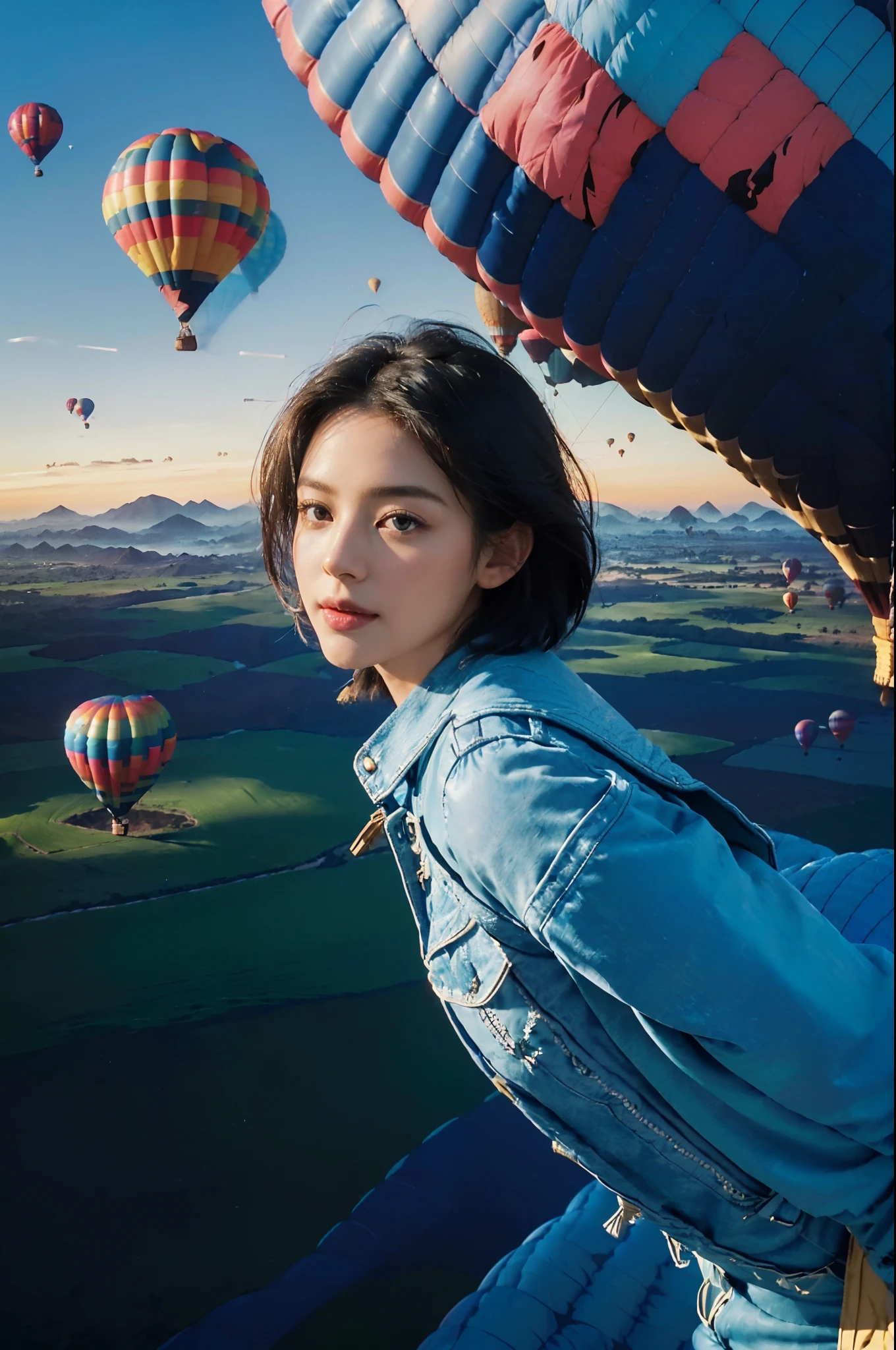 (shoulder length straight short hair: 1.7),(black hair:1.3),(Extremely meticulous CG 8k wallpaper），（Extremely refined and beautiful），（Masterpiece），（best qualtiy：1.0），（Ultra High Resolution：1.0），beautiful light up，Perfect lightning，realistic shaded，[A high resolution],(Smooth and flawless fair skin:1.5),（Extremely exquisite facial details,(perfect body：1.1），ultra - detailed，A beautiful girl,small head,hair flying,(Small breasts:1.1)，Flat chests，slim，thin，Smile，cheerfulness,(Sky blue jacket:1.5),(denim pants:1.3),standing,(In a hot air balloon:1.5), (the Hot air balloon is flying in the sky:1.5),bright lights,Portrait photo,close shot,cowboy shot,upper body,day scene,from front,(best quality,4k,8k,highres,masterpiece:1.2), ultra-detailed, realistic:1.37, vivid colors, HDR, luxury hot air balloon floating in the sky, golden glow, mesmerizing scenery, breathtaking view, sparkling fabric, intricate details, enchanting sunset, whimsical clouds, panoramic landscape, dreamlike atmosphere, graceful movement, majestic presence, ethereal adventure, magical journey, glamorous experience, gentle breeze, picturesque backdrop, opulent design, exquisite craftsmanship, radiant glow, opalescent hues, golden hour, serene horizon, floating above the clouds, tranquil escape, luxurious escape, peaceful ambiance,late autumn