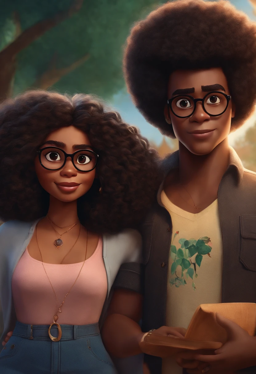 create a Disney Pixar style poster couple of two women, um branco com cabelo preto cacheado, olhos castanhos, camisa preta. A outra mulher tem short, cabelo afro curto, pele escura, round glasses black