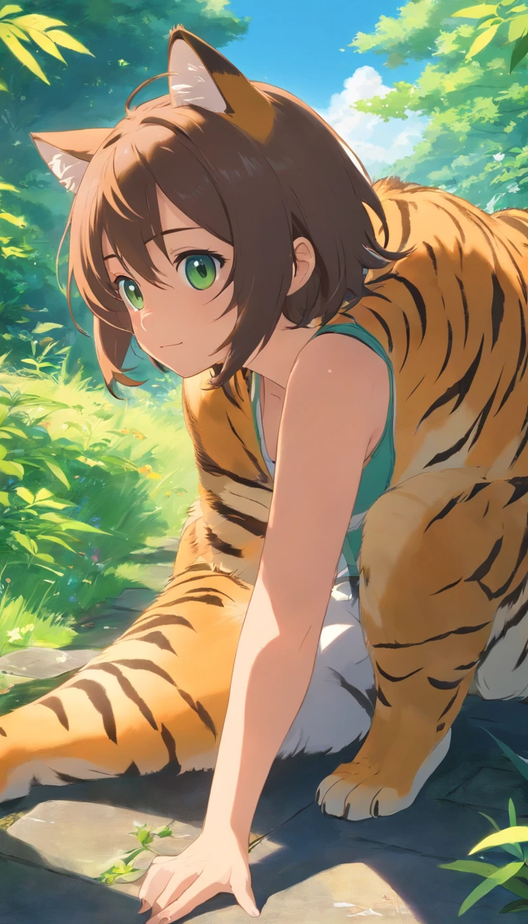 Tigre pequeno bonito，Felpudo，vivid expressions，Jogue na grama verde，Bite your own tail，vivid expressions，luz suave natural，Filtro de foco suave，ultra-claro，Hiperdetalhamento，8k，uma imagem，3Drenderingof