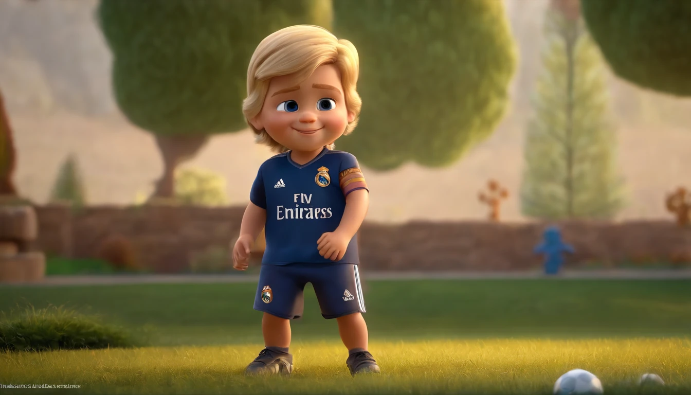 A happy cute  boy standing with long blonde hair , Con equipaje futbol real madrid , infant, Tom, estilo pixar, ........3D, Dibujos animados, cara detallada, 16K asymmetrical