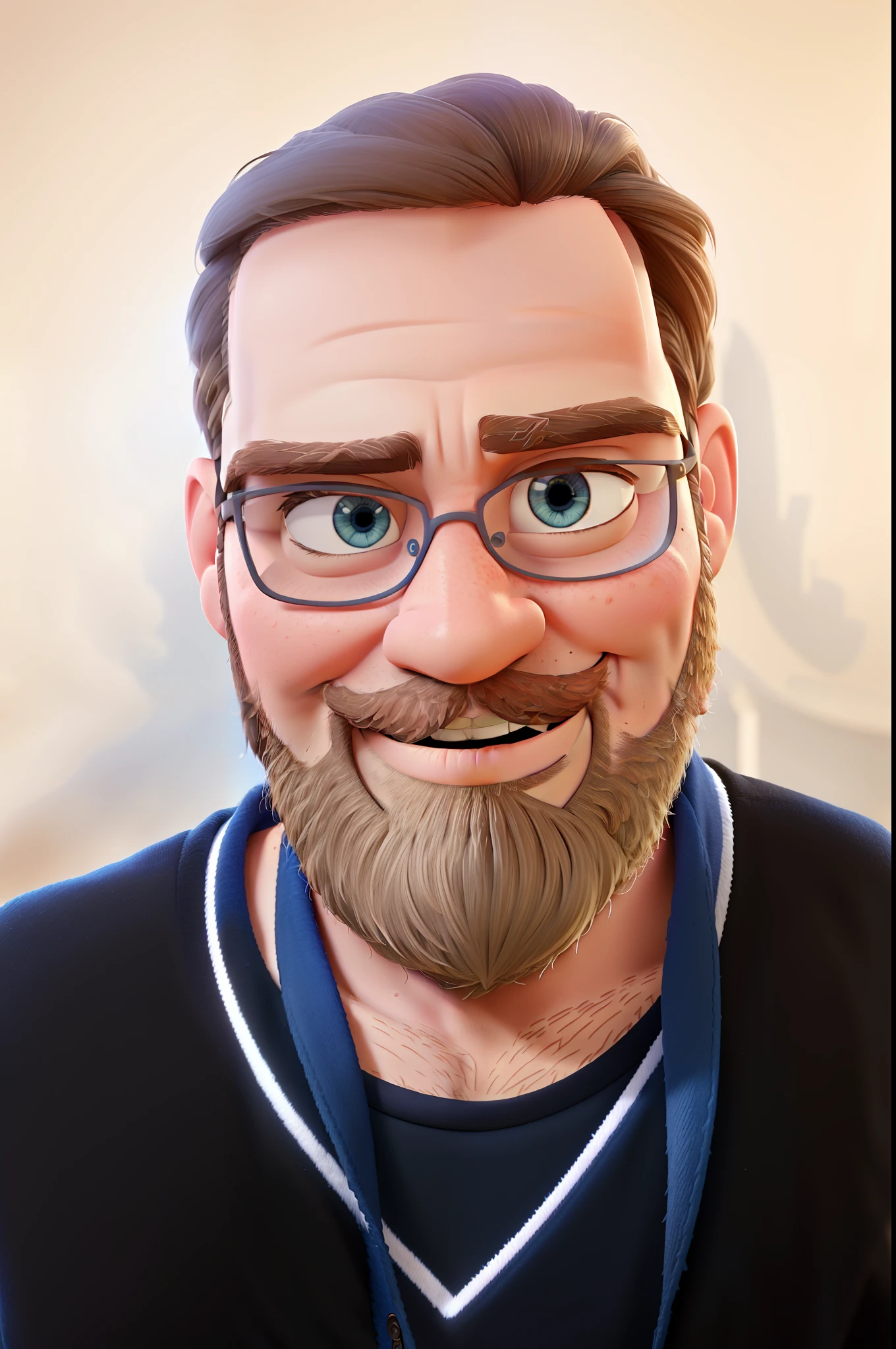 (best quality,high quality,Disney Pixar style:1.1),bearded man,blue eyes,detailed beard,pixar characters,expressive eyes,friendly smile,playful expression,adventurous pose,vivid colors,sharp focus,happy atmosphere,dynamic composition,dreamy lighting,fantastic atmosphere