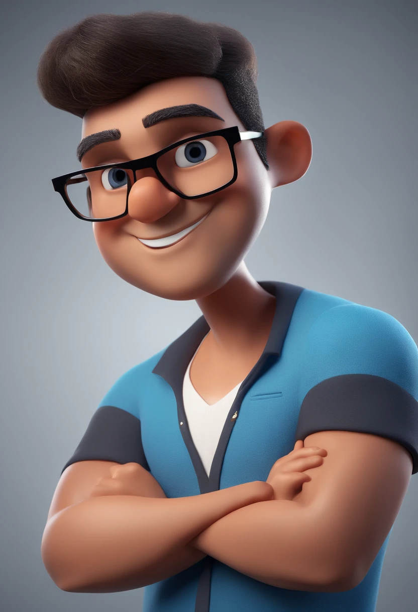 Cartoon character of a man with black glasses and a blue shirt, animation character, Caractere estilizado, animation style rendering, 3D estilizado, Arnold Maya render, 3 d render stylized, toon render keyshot, Personagem 3D, Personagem 3D, 3d rendering stylized, 3 d character render, personagem de desenho animado, Personagem de close up, Pose de personagem,  (Estilo Pixar) (master part:1.2) (Bokeh) (best quality) (pele detalhada) (textura detalhada) (8k) (argila) (Cinematic lighting) (foco nítido