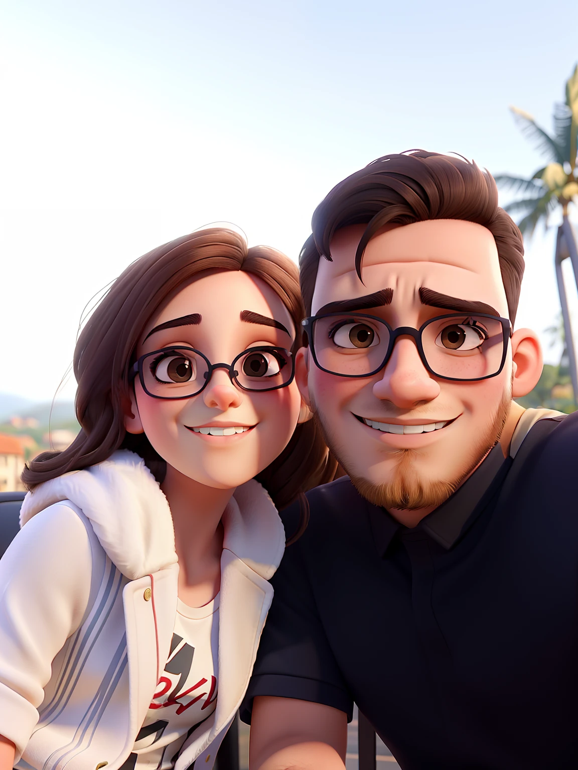 Young couple with sunglasses and passionate look. O jovem rapaz tem barba no rosto todo. The two of them are in a very beautiful background landscape