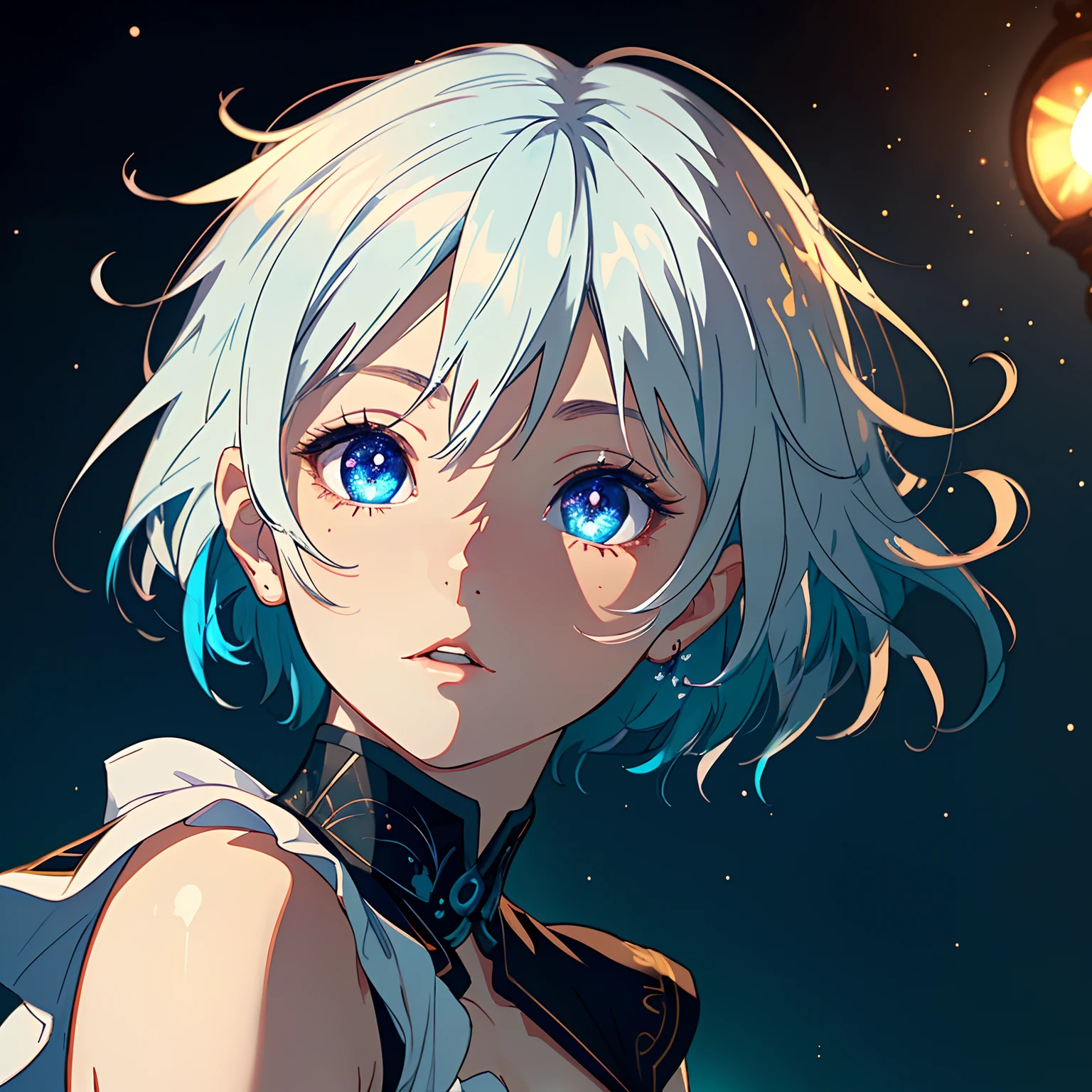 (the Extremely Detailed CG Unity 8K Wallpapers,masutepiece, Best Quality, Ultra-detailed), best illumination and shadow, extremely delicate and beautiful, floating, Blue hair girl in cute pose，short-cut，robe blanche,It's sparkling,Staring into the distance {{(masutepiece),(the Extremely Detailed CG Unity 8K Wallpapers),Best Quality,Solo,Cinematic lighting,Detailed background,Beautiful detailed eyes,Bright pupils, (extremely delicate and beautiful),(Beautiful and detailed eyes description),Ultra-detailed,masutepiece,}}